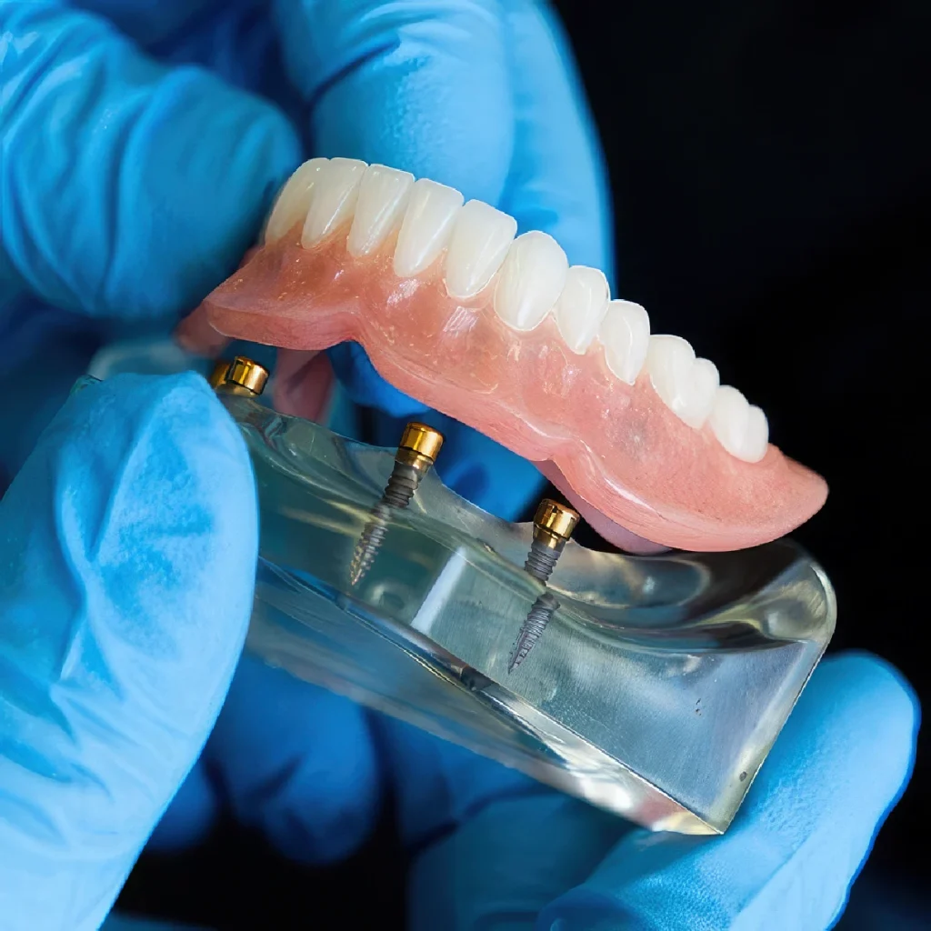 Dentist holding lower snap-in implant denture