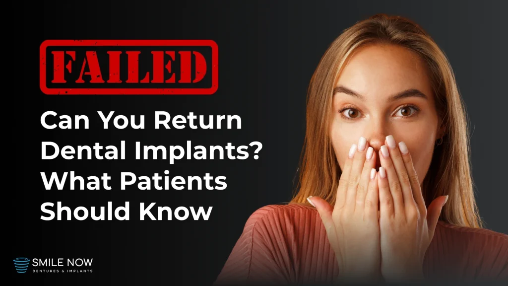 Thumbnail image for a video that answers the question "Can you return dental implants?" and warns patients about getting cheap dental implants that are done too quickly.